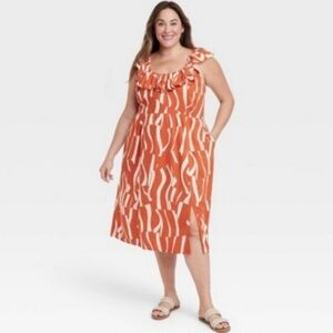Ava & Viv Women Linen Blend Ruffle Sleeve Tiered Midi Dress‎ 2X Orange Vacation